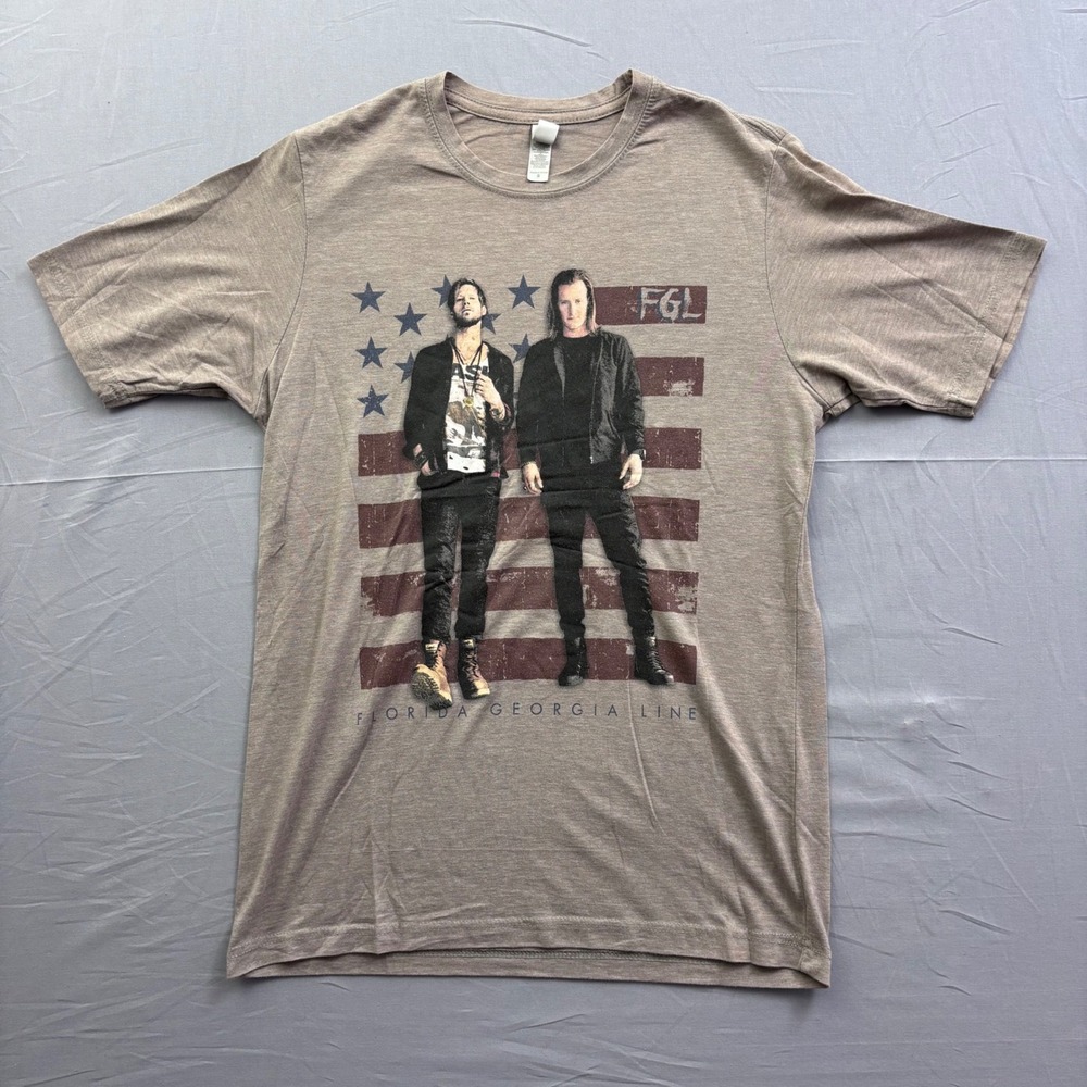 Florida Georgia Line FGL Tour Graphic T-Shirt Mens S Tan American‎ Flag Concert